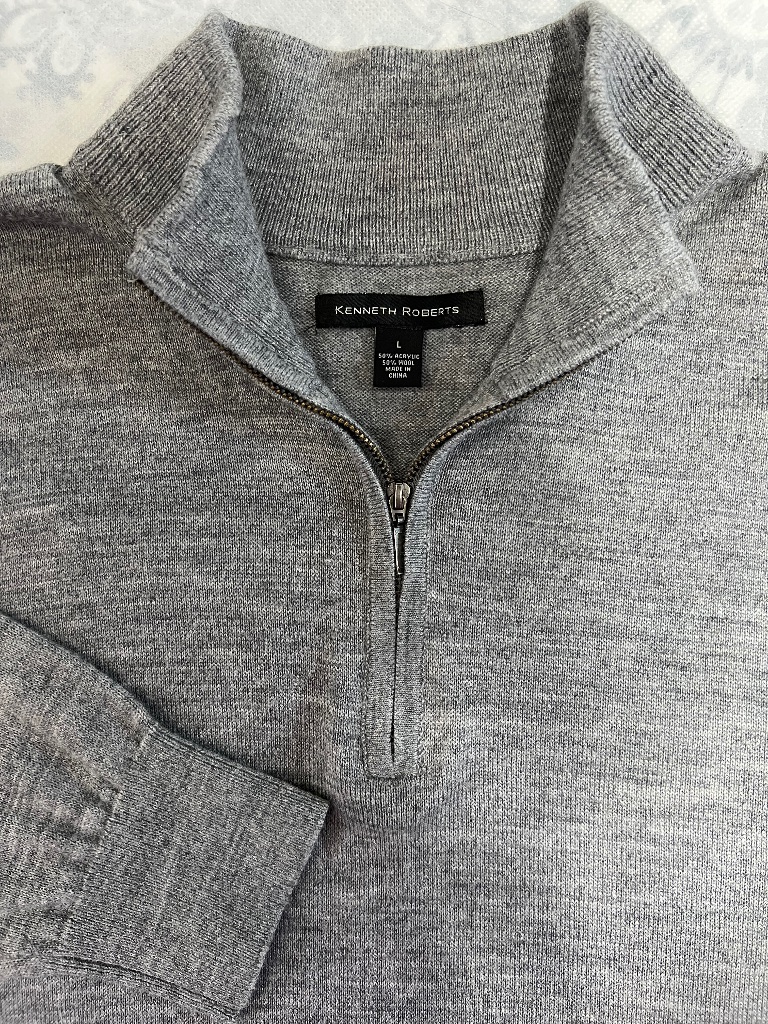 Kenneth Roberts Sweater Large Wool Blend 1/4 Zip Pullover Mock Neck Gray Preppy